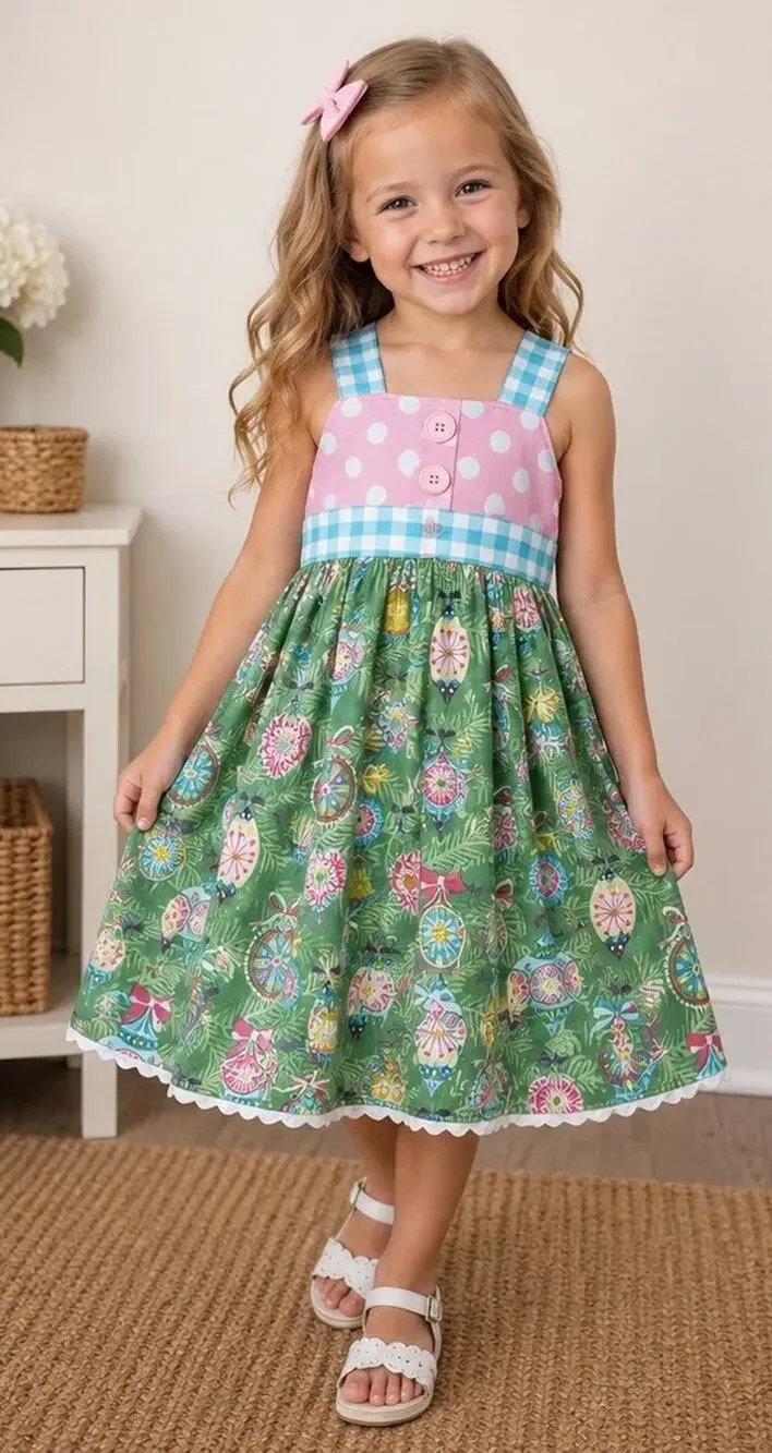 Handmade Girls Dress Jumper Sz 3-4 Pink Polka Dot Bodice Christmas Theme Skirt